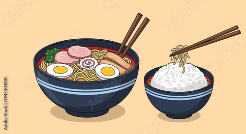 Delicious japanese ramen and rice illustration with chopsticks on light background