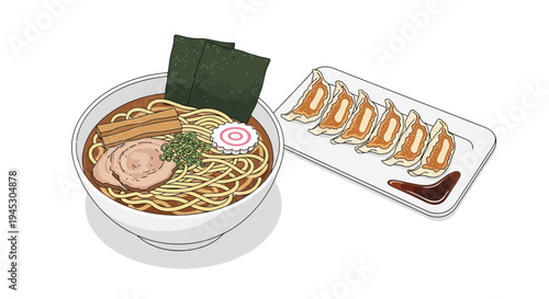 Delicious japanese ramen bowl and dumplings with chopsticks on white background