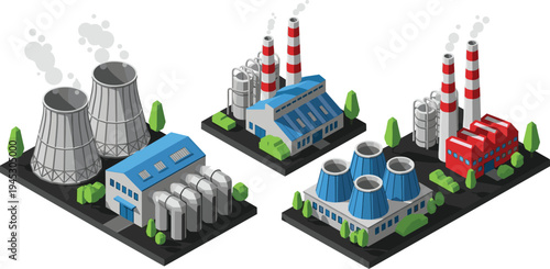 Isometric Industrial Power Plant Factory Vector Set Cooling Towers Chimneys Energy Production Buildings Infrastructure Illustration for Industry Technology Design