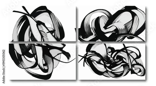 Black and white abstract art piece with four panels featuring swirling ribbonlike designs on isolated white background