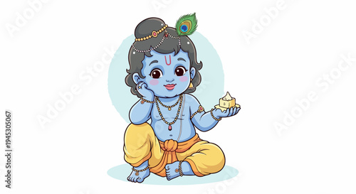 Illustration of a blue-skinned Hindu deity Krishna sitting cross-legged with a peacock feather and sweet in hand against a light blue circular background.