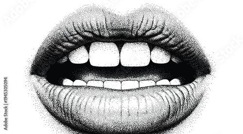 A black and white illustration of a mouth with lips and teeth isolated on white background