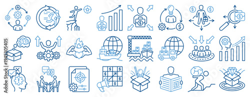 Business Strategy and Financial Growth Icon Set. Outline Color Icons Including investment, analytics, teamwork, leadership, logistics, marketing, innovation, planning and startup concepts