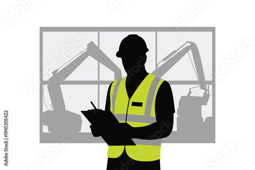 Construction Worker with Clipboard, site management concept