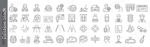 Driving school and road safety icon set – editable outline symbols of instructor, license, steering wheel, traffic, car and test