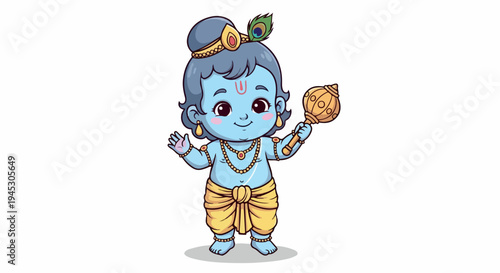 A blue-skinned cartoon character with a peacock feather on its head, wearing yellow dhoti and jewelry, holding a flute against a plain white background with a playful and mythological mood.