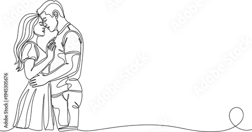 Continuous line drawing of romantic young couple hugging, minimalist vector illustration of man and woman in love, sweet relationship concept.