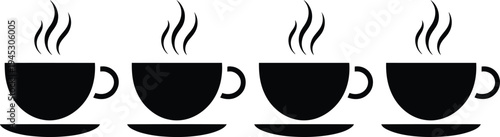 Black silhouette icons of four steaming coffee cups with saucers arranged in a horizontal row isolated on a white background.
