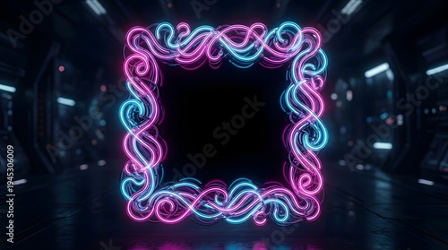 Neon frame glows pink and blue in dark futuristic interior space with technology
