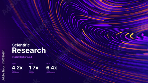 Scientific Data Flow Diagram with Glowing Streamlines for AI Research and Digital Marketing. Purple Abstract Dots Presentation Background. Vector Illustration.