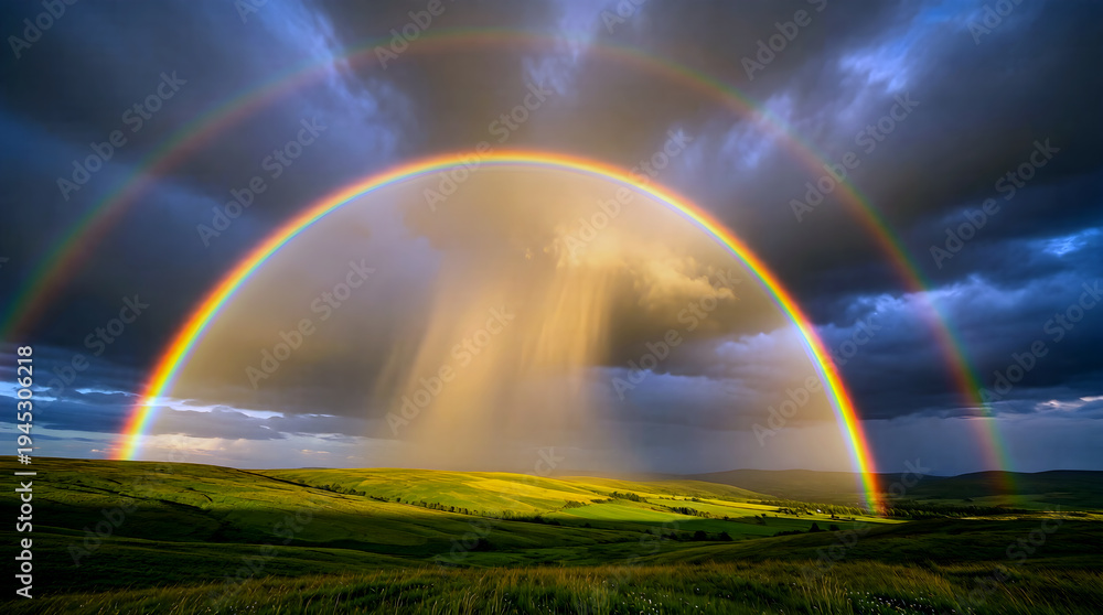 Fototapeta premium Double Rainbow Arching Over Rolling Green Hillside After Summer Rain Shower with Warm Golden Sunbeam Breaking Through Dark Retreating Storm Clouds