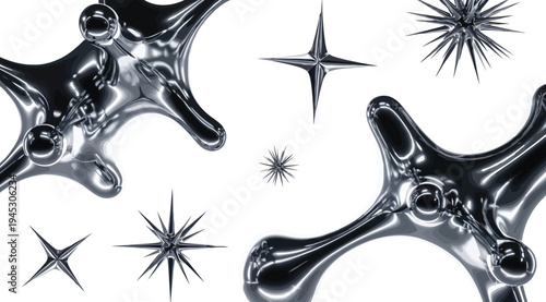 A group of shiny metallic objects and starburst shapes on a white background
