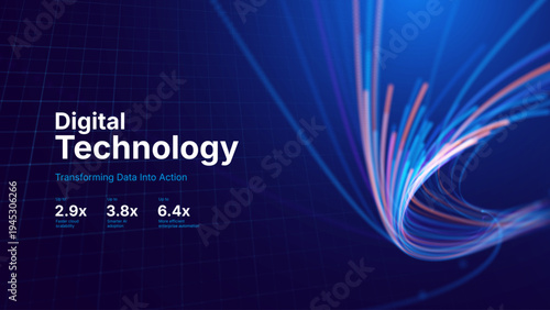 Technology Big Data Flow Background with AI Particles and Fiber Optics Digital Stream Lines. Fast Speed Broadband Internet Concept. Tech Business Presentation Template. Vector Illustration.