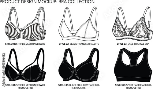 Women bra collection technical drawing set, lingerie product design mockup with underwire, triangle bralette, lace bra and sports bra silhouettes