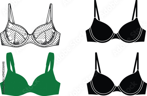 Women bra design set vector illustration, lingerie styles including lace bra, black underwire bra and silhouette underwear fashion collection