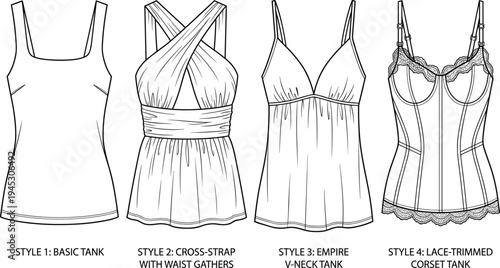 Women camisole and corset tank top collection vector illustration, fashion lingerie tops including empire waist, cross strap and lace corset