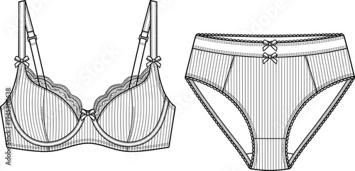 Women striped lingerie set technical drawing, underwire bra and panties with lace trim fashion garment design vector illustration