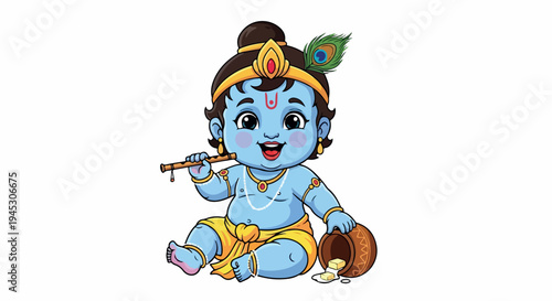 Illustration of a blue-skinned baby Krishna sitting cross-legged, playing a flute with a peacock feather on his head, wearing a yellow dhoti and jewelry, against a plain white background.