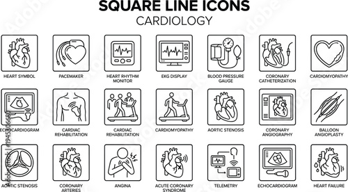 Cardiology medical square line icons collection, heart healthcare outline symbols including pacemaker, ECG monitor, angiography, angioplasty and cardiovascular diagnostics
