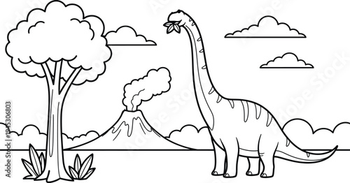 A friendly brontosaurus standing near trees and volcanoes in prehistoric landscape