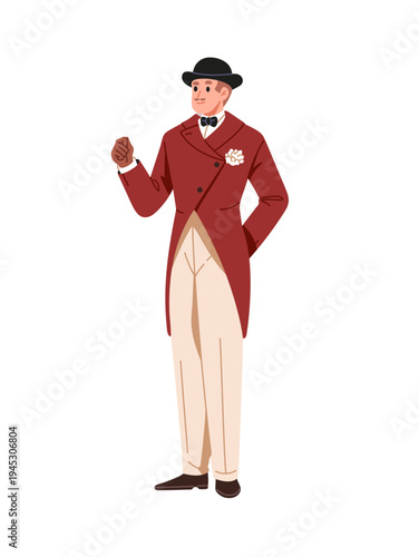 Gentleman of the 19th or 20th century is wearing frock coat and bowler hat. History person in old costume, outfit. Male fashion of Victorian era. Flat isolated vector illustration on white background