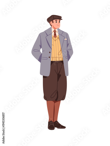 Young man in outfit of 20th century. British gentleman in old fashion costume. Person is wearing coat, vest, cap, tie and knee breeches. Flat isolated vector illustration on white background