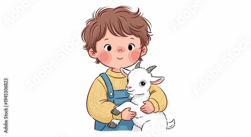 A cheerful young boy in a yellow shirt and blue overalls holding a white goat against a clean white background with a warm and friendly mood.