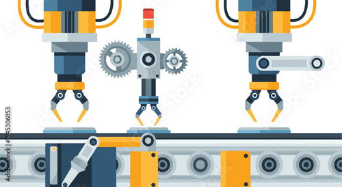 Robotic arms with grippers operate on a conveyor belt in an industrial setting.