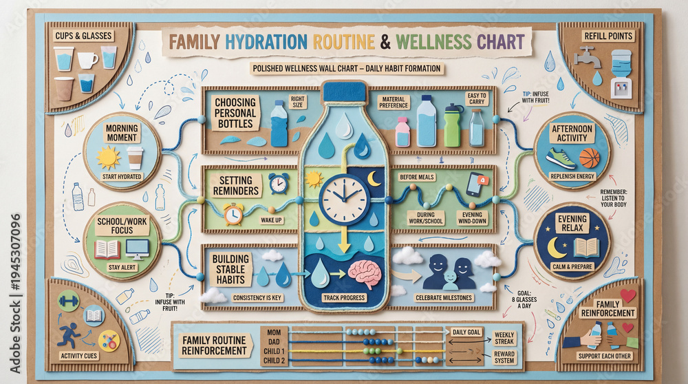 Naklejka premium Family Hydration Routine Educational Poster with Bottles Reminders and Habit Building.