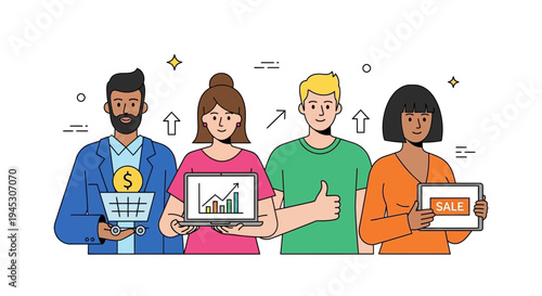 Diverse group of people with business and commerce concepts illustration