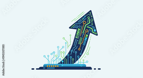 Circuit board arrow pointing upward representing technology and growth concept