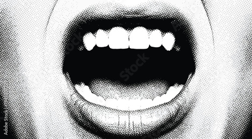 Closeup of a persons mouth with an open mouth and visible teeth on a dark background