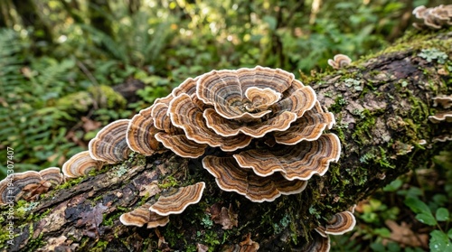 Close up of Turkey Tail mushrooms (Trametes versicolor) with beautiful concentric stripes growing on a fallen mossy log in a lush forest landscape. AI generated.
