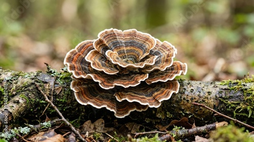 Close up of Turkey Tail mushrooms (Trametes versicolor) with beautiful concentric stripes growing on a fallen mossy log in a lush forest landscape. AI generated.
