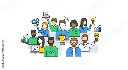 Diverse group of people celebrating success with trophy and ideas