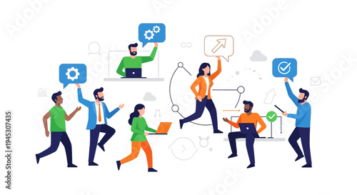 Diverse group of people collaborating on a project with thought bubbles