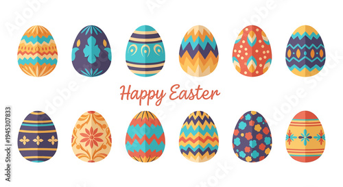 Vibrant collection of decorated Easter eggs with intricate patterns and colorful designs, symbolizing spring celebration and holiday festivity, perfect for traditional greetings and decorative themes