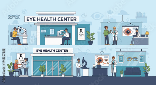 Professional eye health services at a modern optical center, illustrating optometrists conducting detailed vision examinations and offering comprehensive care for patients