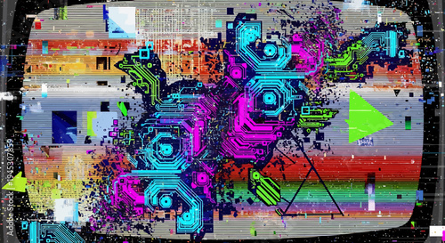 Digital Glitch Art Abstract Circuitry and Distorted Screen Graphics with Vibrant Neon Colors