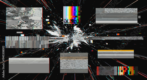 Abstract digital glitch art explosion with diverse distorted static and color bar patterns