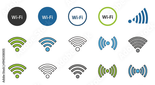Diverse collection of wireless internet and network signal icons, illustrating various connection strengths for technology, user interface design, and digital communication concepts