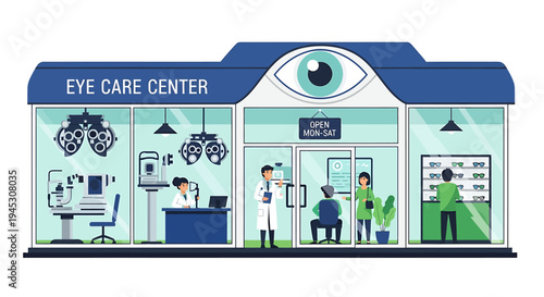 Vibrant Illustration of a Modern Eye Care Center Offering Comprehensive Vision Services, Featuring an Optometrist Examining a Patient and a Retail Display of Eyeglasses