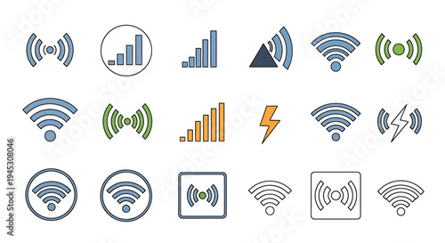 Collection of various Wi-Fi and signal strength icons representing wireless network connectivity and data transfer