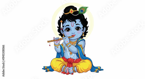Illustration of a blue-skinned Hindu deity playing a flute while sitting in a lotus position against a plain white background with a halo.