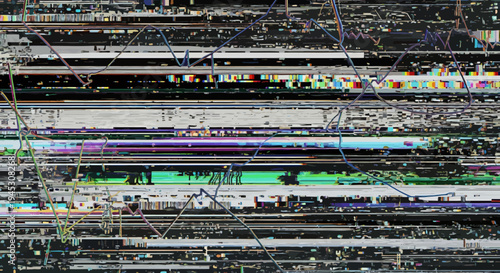 Complex digital data stream error creating a vibrant, abstract background with horizontal interference lines and visual noise, representing modern technological malfunction