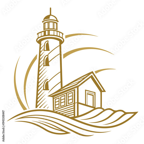 Golden Lighthouse and House on Waves.

