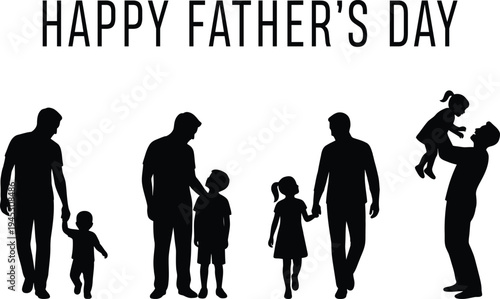 Black silhouettes of fathers and children on white background celebrating happy fathers day