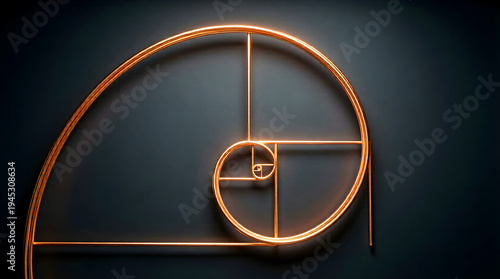Fibonacci Spiral Rendered in Luminous Copper Wireframe on Dark Charcoal Background with Subtle Gradient Golden Ratio Mathematical Beauty Expanding Outward