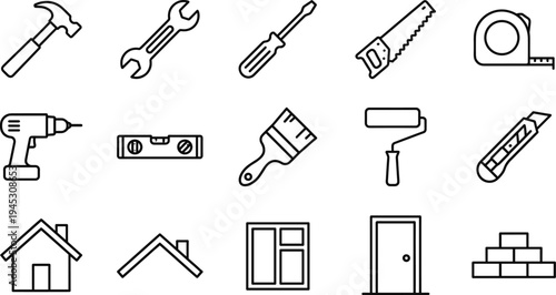 Collection of construction and home improvement tools in outline style isolated on white background