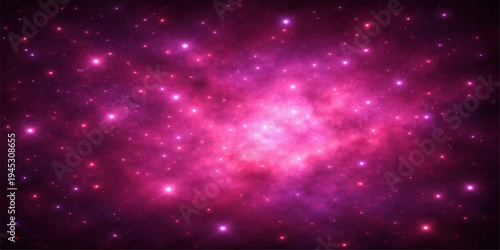 An abstract cosmic nebula glows with bright purple and blue light across a deep black starry sky within a vast dark universe starfield